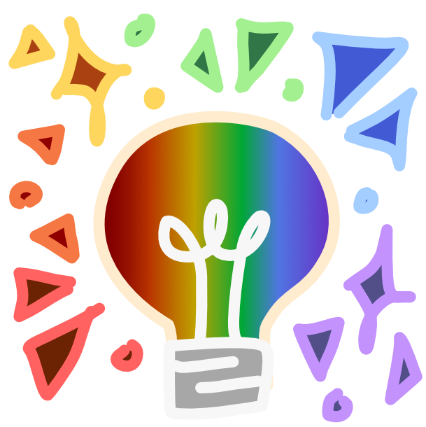 A rainbow lightbulb is surrounded by a rainbow assortment of sparkles and emphasis triangles. The image has light line art.